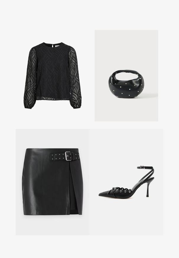 Zwarte blouse met lange doorschijnende mouwen, gestructureerd bladdlepatroon, ronde halslijn en een kleine sleutelsluiting aan de achterkant.; Zwarte faux leren mini-jurk met een verstelbare riem met zilveren gesp en studdetails, voorkant met wikkelontwerp en een gladde textuur.; Zwarte pumps met hoge hak en spitse neus, gegolfde randen, metalen oogjes, vetergespsluiting aan de voorzijde en enkelriem met gespsluiting.; Zwarte leren handtas met een afgeronde vorm, versierd met zilveren studs, en een korte handgreep. Gladde textuur en ritsluiting.