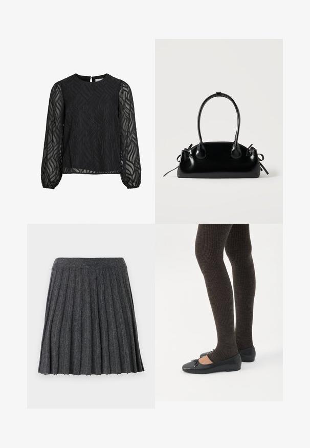 Blouse noire à manches longues transparentes, avec un motif de feuilles texturé, un col rond et une petite attache en forme de clé au dos.; Vero Moda Knitted VMMARINA Short - Minijupe - dark grey; Jambes portant des leggings côtelés foncés associés à des ballerines noires avec de petits détails en nœud sur fond blanc.; Petit sac à main noir brillant avec deux longues anses et des détails à cordon sur les côtés sur un fond clair uni.