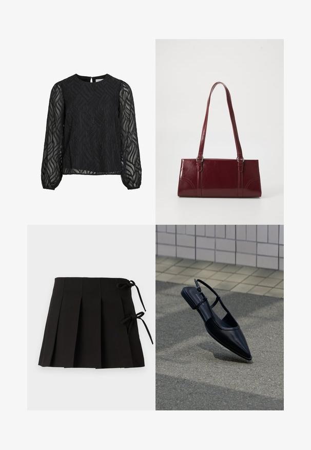 Blouse noire à manches longues transparentes, avec un motif de feuilles texturé, un col rond et une petite attache en forme de clé au dos.; Jupe plissée noire avec des liens sur les côtés, fabriquée dans un tissu à la texture lisse ; elle présente un design structuré et des lignes épurées.; Chaussure plate noire à bout pointu avec bride arrière, flottant au-dessus d'une surface en bitume à côté d'un trottoir carrelé.; Sac à main bordeaux en matériau brillant, de forme rectangulaire, avec deux anses et des accents légèrement courbés à l'avant.