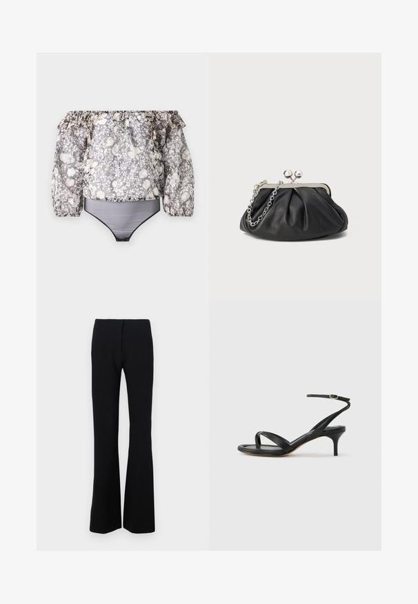 Bodysuit floral sin mangas con mangas rizadas, borde negro y un patrón combinado de gris, blanco y beige. El material es ligero.; Pantalones de campana negros en tejido elástico con una textura suave y una cintura ajustada. Sin cierres ni estampados visibles.; Sandalia negra de cuero para mujer con tiras finas, un lazo para el dedo del pie, hebilla en el tobillo y tacón de aguja de altura media sobre un fondo neutro.; Clutch de cuero negro con textura arrugada, marco de metal en tono plateado, cierre de beso y cadena para colgar. Superficie suave y lisa.