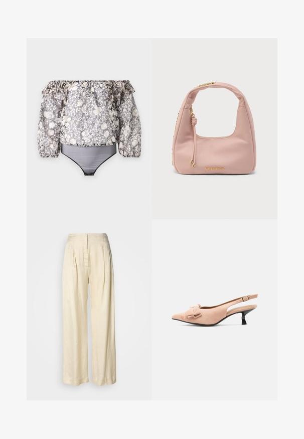 Schulterfreies Blumenbodysuit mit Rüschensäumen, schwarzem Besatz und einem gemischten Muster aus Grau, Weiß und Beige. Das Material ist leicht.; Hohe Taille, cremefarbene Seidenhose mit Falten, weitem Bein und einem versteckten Reißverschluss vorne vor schlichtem weißem Hintergrund.; Beiges Slingback-Kätzchenschuh mit spitzer Spitze, dekorativer Schleife vorne und verstellbarem goldfarbenem Schnallenriemen.; Weiche, rosa, genarbte Lederhandtasche von Valentino mit goldenem Logo, geknotetem Kordelzugdetail und kurzem, abgerundetem Griff.