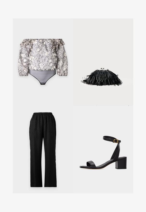 Bodysuit floral sin mangas con mangas rizadas, borde negro y un patrón combinado de gris, blanco y beige. El material es ligero.; Pantalones negros de cintura elástica con un diseño texturizado que presenta un patrón sutil, forma de pierna recta y un tejido ligero.; Sandalia negra de punta abierta con tacón ancho y correa en el tobillo con una pequeña hebilla dorada, vista de perfil sobre un fondo liso.; Bolso de mano negro con flecos, cierre de broche plateado y correa de cadena sobre un fondo claro y liso.