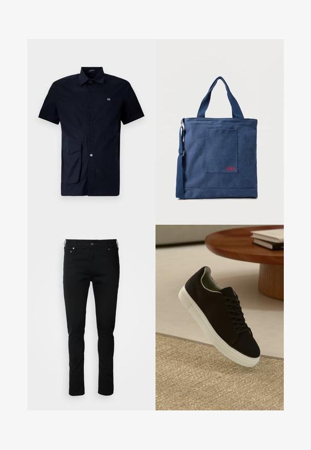 Chemise à manches courtes bleu marine à boutons en coton, dotée d'une poche plaquée sur le côté gauche et d'un petit logo brodé sur la poitrine.; Jeans en denim noir avec une coupe slim, dotés d'une fermeture éclair, de passants de ceinture et de poches avant. Texture lisse, détails minimaux, design classique.; Baskets noires avec semelle blanche flottant au-dessus d'un tapis texturé beige, près d'une table en bois ronde avec des livres empilés.; Sac fourre-tout en toile bleue avec poche frontale et broderie rouge "O.N.S", doté de doubles poignées et d'une bandoulière réglable.