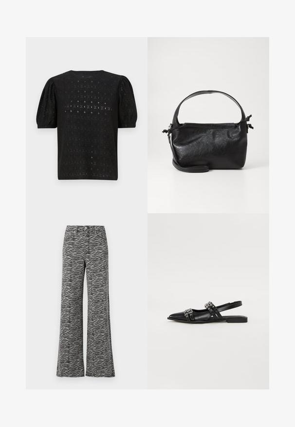 Haut noir brodé avec un col rond, des manches bouffantes et un motif ajouré complexe sur l'ensemble du tissu.; Pantalons gris taille haute avec un motif rayé noir de tigre, jambes droites et larges, fermeture par bouton et zip, et poches avant.; Even&Odd Ballerines à brides arrière - black; Sac à main en cuir noir au design structuré, avec une poignée arrondie et une bandoulière amovible. Présente une texture lisse et un éclat subtil.