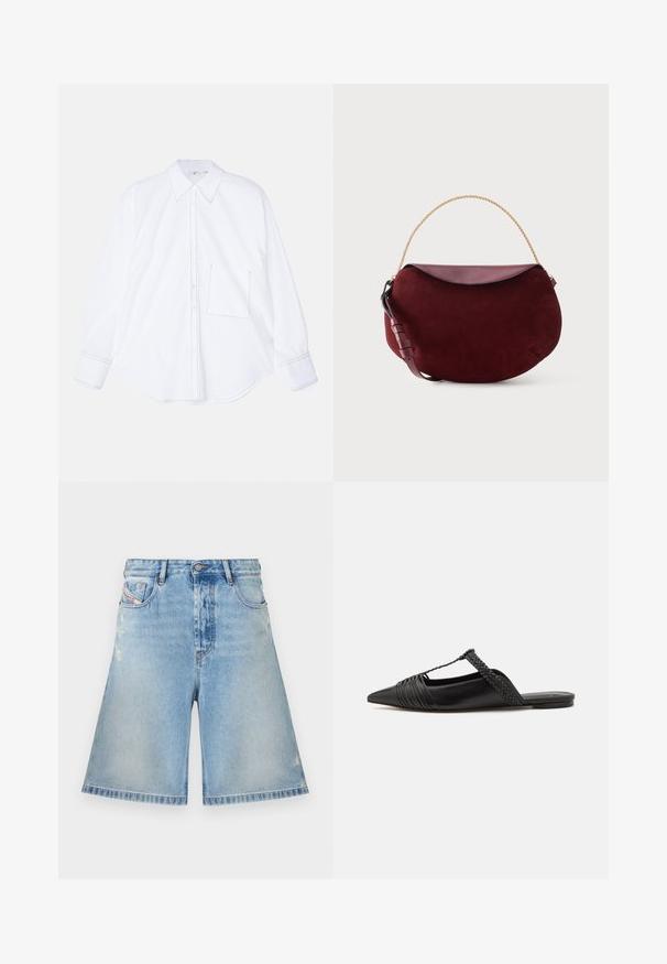 Valge pika varruga särk, mis on valmistatud siledast kangast, millel on nööpidega esiosa, suur krae, ümar hem ja vasakul rinnal üks tasku koos õmbluse detailidega.; Heledad sinine teksashorts, millel on kulunud ja kulunud detailid, ees taskud, vööaasad ja nööpidega sulgur.; Must kuulsad nahast kandadega kingad, millel on terav nina, koos kootud detaili ja volditud ülaosaga. Lame tald minimaalse riistvaraga.; Tumepunane seemisnahast kuuna kujuline käekott, millel on sile nahast klapp, kuldne kettkäepide ja reguleeritav nahast rihm valgel taustal.