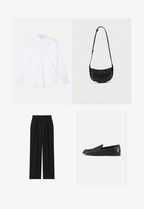 Hvid langærmet skjorte fremstillet af glat stof, med knaplukning foran, stort krave, rundet nederste kant og en enkelt venstre brystlomme med syningsdetalje.; Reiss PETITE FIT - EDEN ELASTICATED WAIST WIDE - Bukser - navy; Sorte lædersko uden snørebånd med glat finish, rund tå og minimalistisk design. Har en lav, fleksibel gummisål.; Sort læder crossbody-taske i halvmåneform med justerbar rem og lille guldlogo foran i midten.