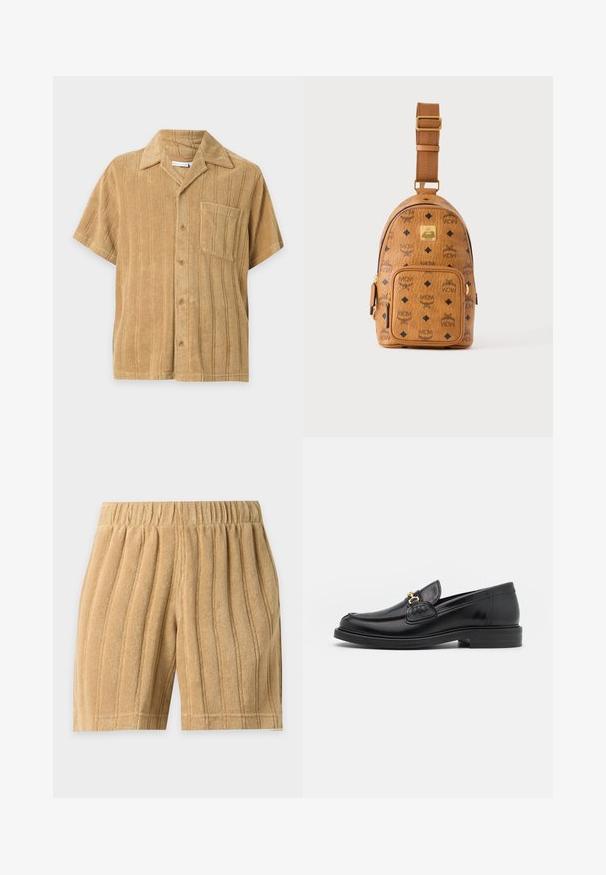 Chemise beige à manches courtes avec rayures verticales texturées, boutons sur le devant, poche poitrine et col classique sur fond uni.; Short en éponge beige avec des rayures verticales cousues et une taille élastique, présenté sur un fond clair uni.; Mocassins en cuir noir avec un embout rond, présentant des accents en métal doré et des détails de couture, montés sur une semelle en caoutchouc texturé et basse.; Petit sac bandoulière en cuir beige avec bandoulière réglable, poche zippée à l'avant et motif répété du logo noir MCM.