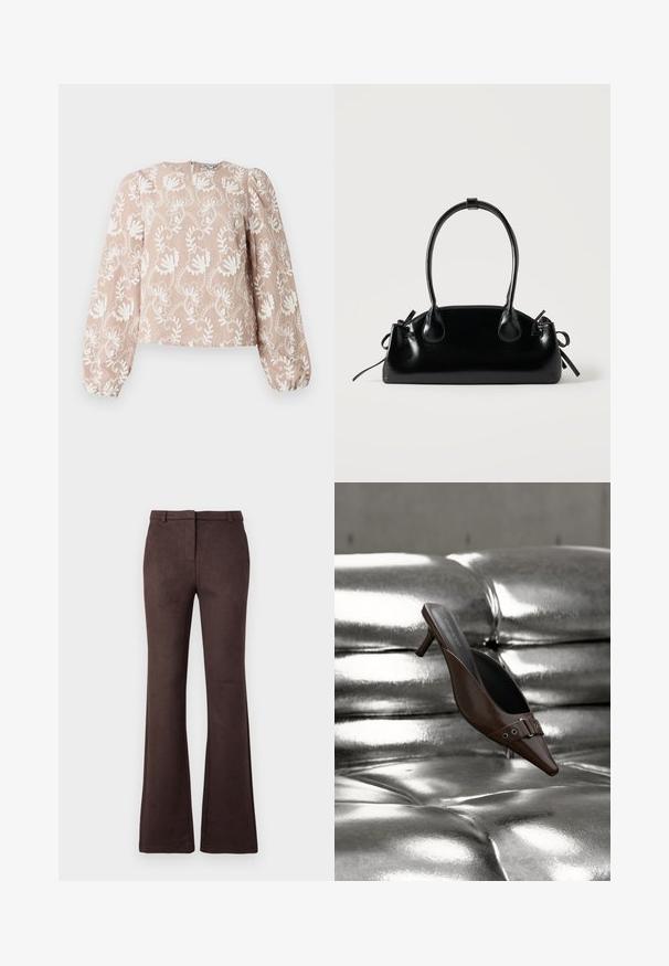 Blouse beige à manches longues avec broderie florale blanche, encolure arrondie, manches bouffantes et poignets élastiques.; Pantalons évasés marron en tissu doux avec une texture lisse. Présente une fermeture éclair à l'avant, des passants de ceinture et une silhouette propre et tailleur.; Mule à talon brun à bout pointu avec détail boucle flottant au-dessus d'une surface en cuir argenté capitonnée brillante.; Petit sac à main noir brillant avec deux longues anses et des détails à cordon sur les côtés sur un fond clair uni.