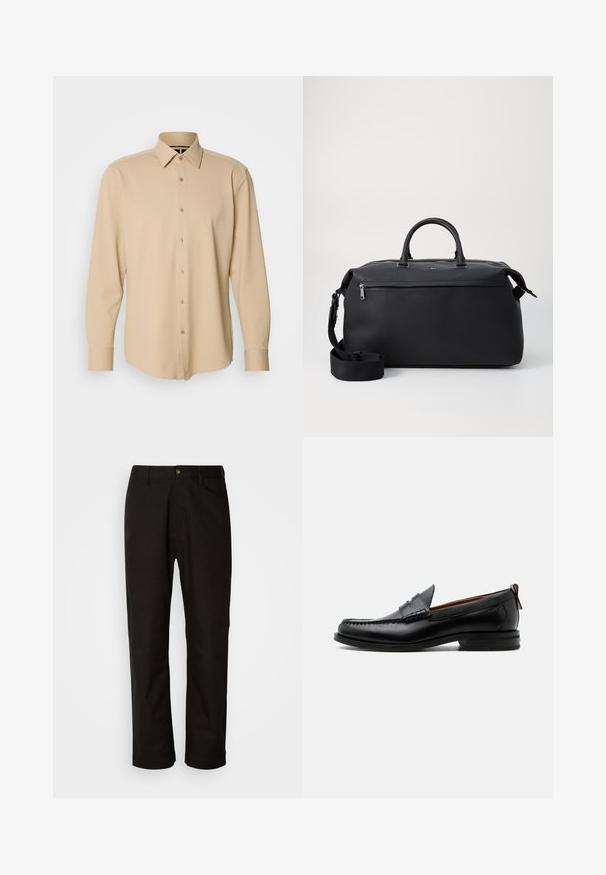 Beige Langarmhemd aus strukturiertem Stoff mit kariertem Muster, mit Knopfleiste und Manschetten, taillierte Passform.; Schwarze Baumwollhosen mit geradem Schnitt, Gürtelschlaufen, einem Reißverschluss vorne und einem einzelnen Knopfverschluss. Glatte Textur ohne sichtbare Muster.; Schwarzer Leder-Herrenschuh mit Mokassinnaht, Penny-Riemen, strukturiertem Kragen und niedrigem gestapeltem Absatz auf weißem Hintergrund.; Schwarze Leder-Reisetasche mit zwei Oberhandgriffen, einem abnehmbaren Schultergurt und einer Reißverschlusstasche auf der Vorderseite für zusätzlichen Stauraum.