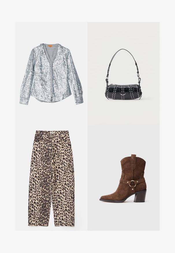 Sølvfarvet jakke med paljetter, lange ærmer, knaplukning foran og krave. Blødt indvendigt for og elastiske manchetter med en glat tekstur.; Leopardprint bukser i beige og sort, med en afslappet pasform, tekstureret stof og fire lommer samt elastisk talje.; Brune ruskinds cowboy støvle med spids tå, guldfarvede hardware detaljer og en robust brun hæl. Har en dekorativ remdetalje.; Sort skuldertaske i laklæder med sølvnitter i lodrette rækker og et lille sølvfugleemblem midt på fronten.