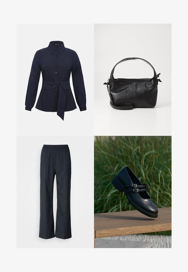 Chemise bleu marine à manches longues avec col pointu et large ceinture en tissu avec boucle rectangulaire à la taille.; Pantalons large à rayures noires avec une taille élastique, présentant une texture lisse et une coupe décontractée. Aucune poche n'est visible.; Chaussure Mary Jane en cuir noir avec doubles brides bouclées et détails brogue, flottant au-dessus d'un banc en bois avec en arrière-plan de l'herbe verte.; Sac à main en cuir noir au design structuré, avec une poignée arrondie et une bandoulière amovible. Présente une texture lisse et un éclat subtil.