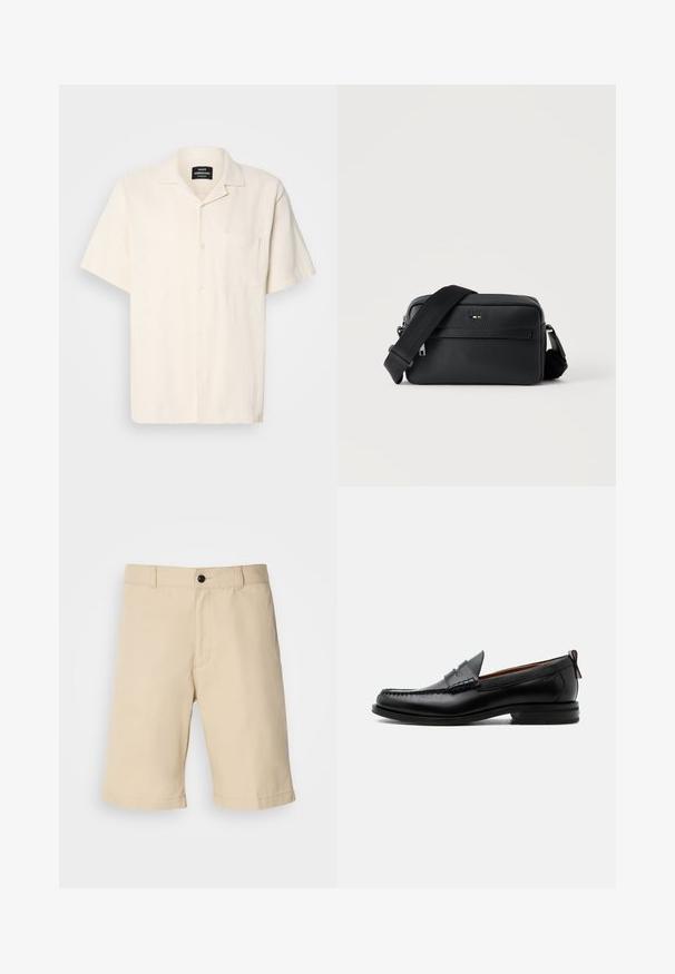 Kortærmet skjorte i cremefarvet med tekstureret stof, camp krave, brystlomme og knaplukning på en ensfarvet baggrund.; Beige shorts lavet af letvægtsstof, med flad front, standard talje med knaplukning og lige afslutning.; Sort læder herre loafer med moc-tå syning, penny strop, struktureret krave og lav stablet hæl på hvid baggrund.; Sort tekstureret læder crossbody taske med front lynlåslomme og justerbar bred stofskulderrem på hvid baggrund.
