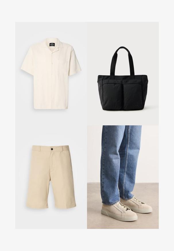 Kortærmet skjorte i cremefarvet med tekstureret stof, camp krave, brystlomme og knaplukning på en ensfarvet baggrund.; Beige shorts lavet af letvægtsstof, med flad front, standard talje med knaplukning og lige afslutning.; BOSS GARYTENN_SDHDEL - Sneakers - natural ten; Sort tote bag med blødt stof, to forlommer og robuste håndtag. Logo vist på siden. Enkel, funktionel design.