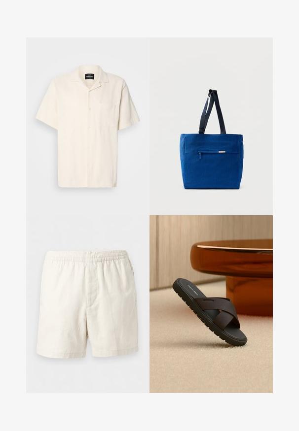 Kortærmet skjorte i cremefarvet med tekstureret stof, camp krave, brystlomme og knaplukning på en ensfarvet baggrund.; Off-white afslappede shorts med elastisk taljebånd, lige ben og glat stofstruktur.; Sort slidesandal med teksturerede krydsremme på beige tæppe nær rund bordfod i ravfarve.; Blå lærredstaske med lynlåslomme foran, dobbelte skulderremme og rektangulær form. Har en diskret mærkeetiket.