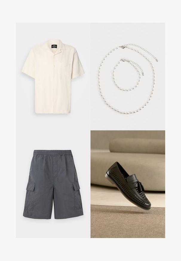 Kortærmet skjorte i cremefarvet med tekstureret stof, camp krave, brystlomme og knaplukning på en ensfarvet baggrund.; Mørkegrå cargoshorts med elastisk talje og klaplommer på hver side, vist mod en lys baggrund.; Sort flettet læderloafer med kvaster, hvilende med sålen vinklet opad på et beige tæppe foran en beige sofa.; Perle halskæde og matchende armbånd med sølv kæde låse arrangeret på en hvid baggrund.