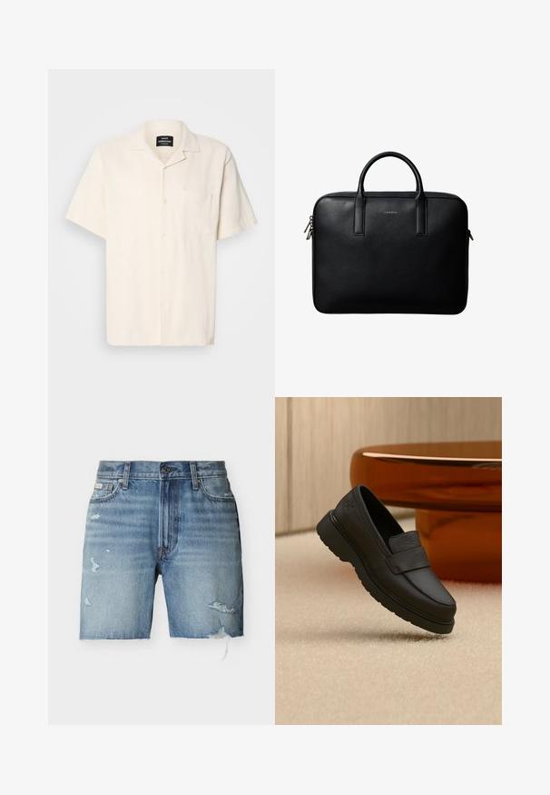Kortærmet skjorte i cremefarvet med tekstureret stof, camp krave, brystlomme og knaplukning på en ensfarvet baggrund.; Lyseblå denimshorts med frynser, slidte detaljer på begge ben, knaplukning foran og forlommer mod en hvid baggrund.; Sort læderloafer med tyk sål, svævende over beige tæppe, med rundt brunt bord i baggrunden.; Sort tekstureret lædermappe med dobbelte håndtag og sølv lynlås, centreret på hvid baggrund.