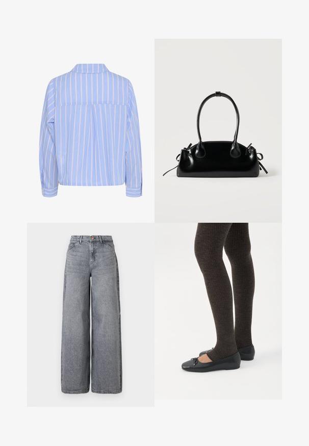 Lyseblå skjorte med lodrette hvide og pink striber, krave og lange ærmer, der har en rygplyt og knaplukninger ved ærmerne.; Bredde ben denim jeans i en falmet grå vask, med fem lommer, en knaplukning og en blød tekstur med subtile fældningsdetaljer.; Ben iført mørke ribbede leggings kombineret med sorte balletsko med små sløjfedetaljer på hvid baggrund.; Lille sort blank håndtaske med to lange håndtag og snøre-detaljer i siden på en ensfarvet lys baggrund.