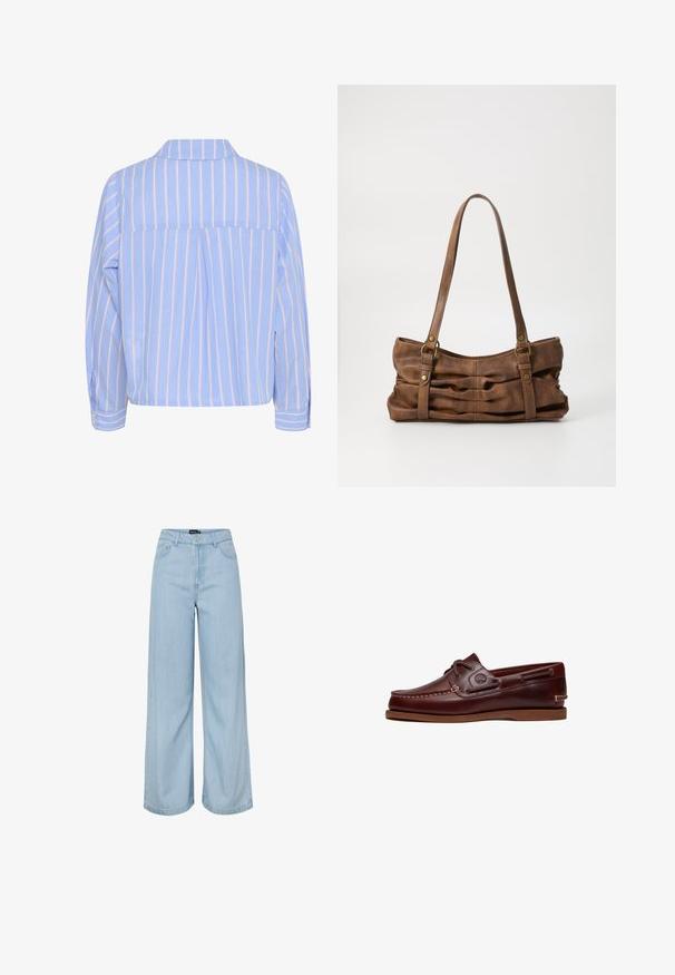 Lyseblå skjorte med lodrette hvide og pink striber, krave og lange ærmer, der har en rygplyt og knaplukninger ved ærmerne.; Lyseblå vidde jeans med høj talje, forlommer, bæltestropper og en knaplukning fra mærket Pieces.; Brun læder bådsko med snørre, syningsdetaljer og Timberland-logo på siden, vist på en hvid baggrund.; Even&Odd Håndtasker - brown
