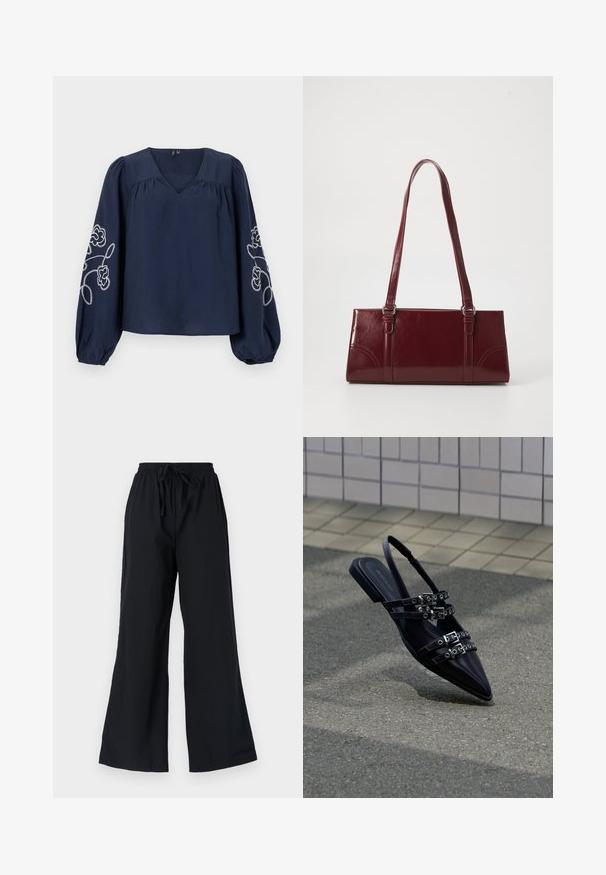 Blouse bleu marine avec un col en V et des manches longues bouffantes. Présente une broderie florale blanche sur les manches. Fabriquée en tissu léger.; Pantalons larges noirs en tissu léger, dotés d'une taille élastique avec cordon de serrage et d'une texture lisse.; Sandale plate noire à bout pointu avec plusieurs sangles à boucle et un talon arrière, positionnée au-dessus d'une surface pavée et d'un mur carrelé en arrière-plan.; Sac à main bordeaux en matériau brillant, de forme rectangulaire, avec deux anses et des accents légèrement courbés à l'avant.