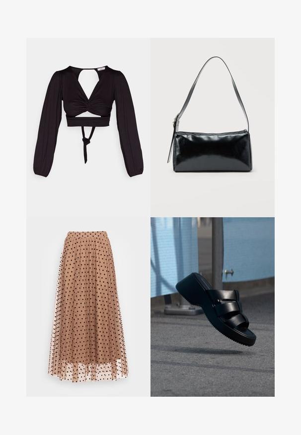 Zwart cropped top met lange pofmouwen, gedraaid voorkant ontwerp en open rug. Heeft een strik in de taille en een soepele, elastische stof.; Lange, doorschijnende rok van zachte tule, in lichtbruin met zwarte stippen. De elastische tailleband en het gelaagde ontwerp verbeteren de flow en beweging.; Zwarte platformsandaal met drie brede banden die boven een grijze stoep zweven nabij blauwe stoffen panelen.; Zwarte rechthoekige schoudertas met een enkele verstelbare band en een bovenste ritssluiting op een effen achtergrond.