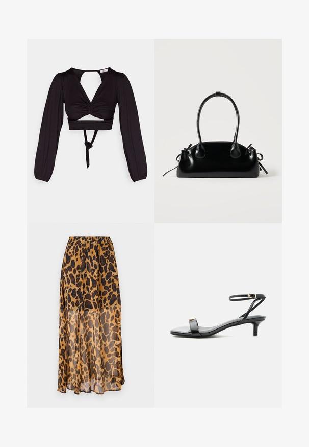 Top corto negro con mangas largas abullonadas, diseño frontal torcido y espalda descubierta. Cuenta con un lazo en la cintura y una tela suave y elástica.; Falda de estampado de leopardo hecha de un tejido ligero y transparente. Presenta una cinturilla elástica y un diseño fluido, con tonos de manchas marrones y negras.; Sandalia de cuero negro con punta abierta, tacón bajo tipo ‘‘kitten’’, tirante fino en el tobillo con hebilla dorada y detalle decorativo dorado en la tira delantera.; Pequeño bolso negro brillante con dos asas largas y detalles de cordón lateral sobre un fondo claro liso.