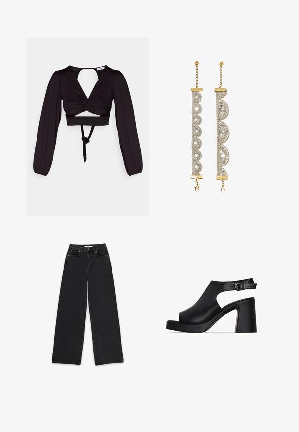Sort cropped top med lange puffærmer, snoet frontdesign og åben ryg. Har et bånd i taljen og glat, strækbart stof.; Sorte bredbejede jeans lavet af denim, med høj talje, to forlommer og en knaplukning med lynlås.; Sorte åbne platform højhælede sandaler. Lavet af glat læder med udskæringsdesign. Har en ankelrem med en metalspænde.; Sæt af blonde-lignende guld- og sølvarmbånd med bølgede kanter og perle- og spejlperledekorationer, hver med en guldlås og kædeforlænger.