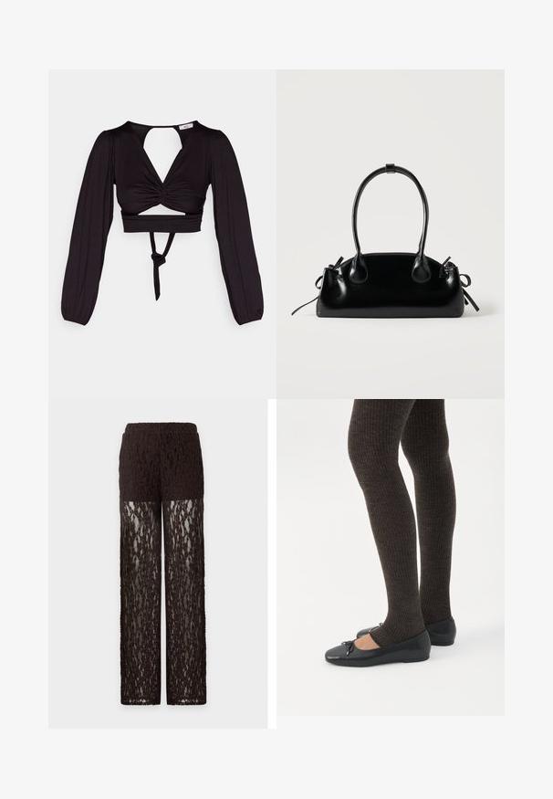 Zwart cropped top met lange pofmouwen, gedraaid voorkant ontwerp en open rug. Heeft een strik in de taille en een soepele, elastische stof.; Bruine kanten broek met een ondoorzichtige bovenbenen en doorschijnende kanten pijpen, rechte snit en elastische tailleband.; Benen met donkere geribbelde leggings gecombineerd met zwarte ballerina's met kleine strikdetails op een witte achtergrond.; Kleine zwarte glanzende handtas met twee lange hengsels en zijkant trekkoord details op een effen lichte achtergrond.