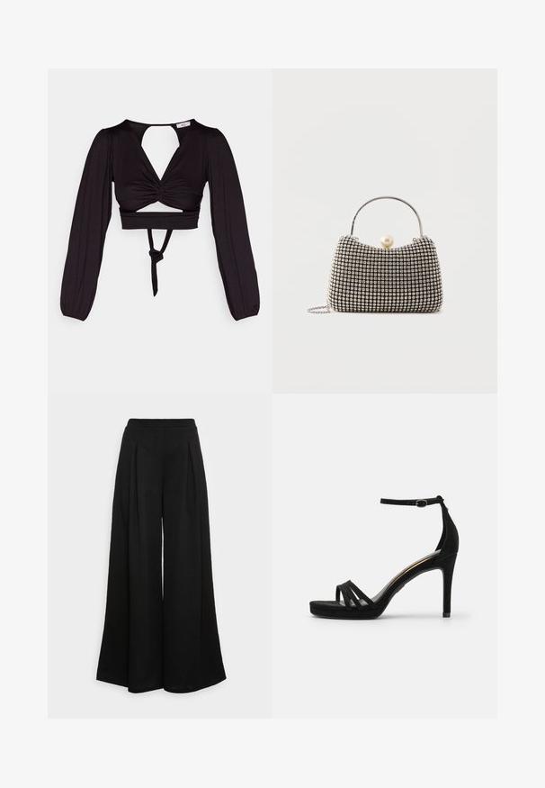 Zwart cropped top met lange pofmouwen, gedraaid voorkant ontwerp en open rug. Heeft een strik in de taille en een soepele, elastische stof.; Wijdvallende zwarte broek van een zacht materiaal, met plooien aan de voorkant en een hoge tailleband, wat zorgt voor een vloeiende silhouet.; Zwarte suede hoge hak sandaal met open teen, voorzien van drie smalle banden aan de voorkant en een verstelbare enkelband.; Kleine handtas met zilverkleurig rasterpatroon, gebogen handvat, grote parel sluiting en een dunne zilveren kettingriem op een effen achtergrond.