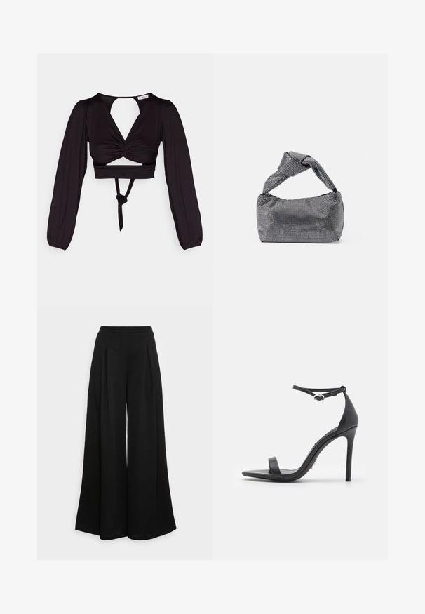 Sort cropped top med lange puffærmer, snoet frontdesign og åben ryg. Har et bånd i taljen og glat, strækbart stof.; Bredde sorte bukser lavet af et blødt stof, med frontfolder og høj talje, som sikrer en svævende silhuet.; Sorte højhælede sandaler med åben tå, tynde stropper og spænde om anklen. Glat lædertekstur med spidse tådesign.; Sorte og sølv håndtaske med en tekstureret overflade, der har et diamantmønster, en knyttet håndtag og en struktureret form.