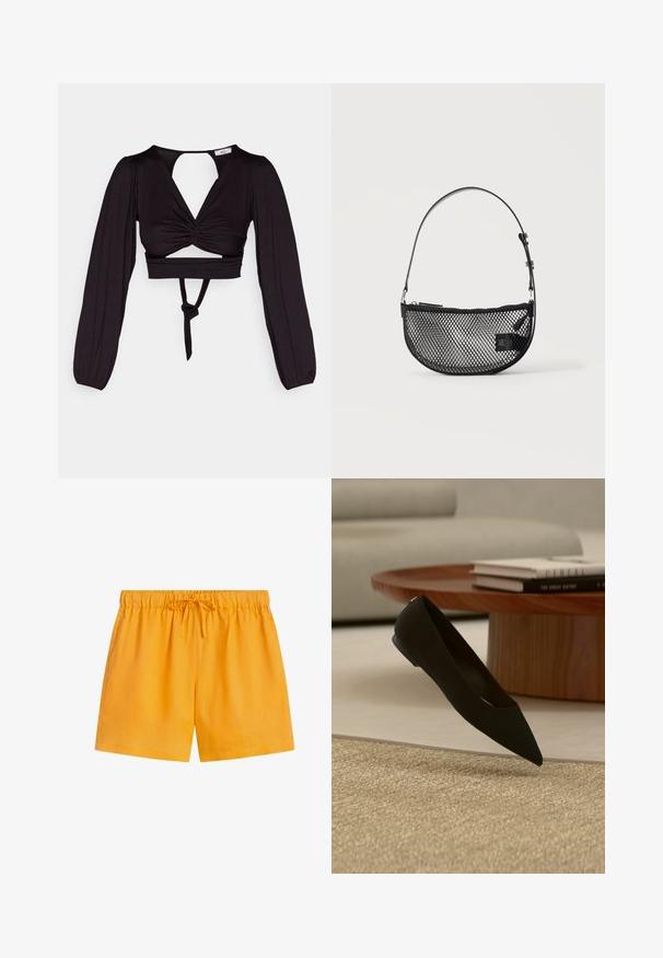 Zwart cropped top met lange pofmouwen, gedraaid voorkant ontwerp en open rug. Heeft een strik in de taille en een soepele, elastische stof.; Felgele korte broek met elastische taille, vooraan met trekkoord en zijzakken, gemaakt van lichtgewicht stof.; Zwart platte schoen met spitse neus zweeft boven beige tapijt met houten salontafel en gestapelde boeken op de achtergrond.; Zwarte mesh halve maan handtas met een korte verstelbare leren riem en ritssluiting op een effen lichte achtergrond.
