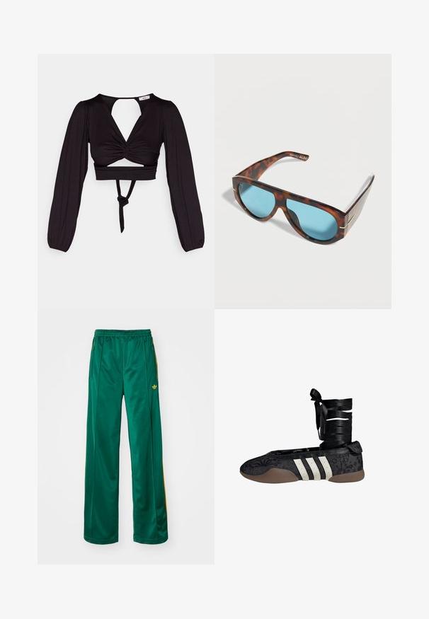 Sort cropped top med lange puffærmer, snoet frontdesign og åben ryg. Har et bånd i taljen og glat, strækbart stof.; Grønne satin atletikbukser med en afslappet pasform, der har gule stribeaccenter og et broderet logo på venstre side. Elastisk talje.; Sort ballettflat med blomsterprint, hvidt design med tre striber og en stofankelrem. Materialet har tekstur og en fleksibel brun sål.; Solbriller med skildpaddemønster, blå linser og bred ramme, med en diskret gulddetalje på stængerne og ALDO-mærke indvendigt på armen.