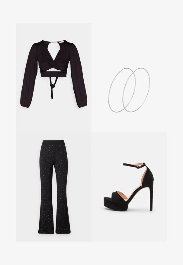 Zwart cropped top met lange pofmouwen, gedraaid voorkant ontwerp en open rug. Heeft een strik in de taille en een soepele, elastische stof.; Zwarte flared broek met gelijkmatig verdeelde kleine witte stippen en een eenvoudige tailleband tegen een witte achtergrond.; Zwarte suède hoge hakken sandaal met een platformzool, enkelband met zilveren beslag, open teen ontwerp en een gladde textuur.; Zilveren hoepel oorbellen met een minimalistisch ontwerp. Cirkelvormig, gladde textuur en dun profiel. Lichtgewicht met een gepolijste afwerking.