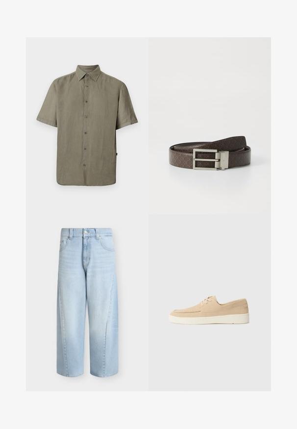 Chemise à manches courtes de couleur olive avec boutons sur le devant, col classique et coupe décontractée, présentée sur un fond blanc uni.; Jean en denim bleu clair à jambes larges avec poches avant, passants de ceinture, fermeture par boutons et longueur raccourcie.; Chaussures en daim beige à lacets avec une semelle en caoutchouc blanche. Présentent un design cousu et une coupe basse, offrant un style simple et minimaliste.; Ceinture en cuir brun avec un motif embossé et une boucle rectangulaire en métal argenté portant le nom de la marque. Texture lisse, design classique.