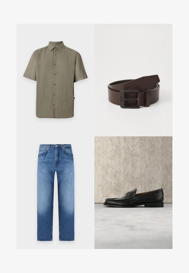 Chemise à manches courtes de couleur olive avec boutons sur le devant, col classique et coupe décontractée, présentée sur un fond blanc uni.; Jean en denim bleu à jambes droites avec un design classique à cinq poches et une fermeture à boutons, présentant des détails subtilement délavés sur les cuisses et les genoux.; Mocassin en cuir noir avec mors en métal doré et logo "HUGO", présenté sur un tapis beige et un meuble translucide marron.; Ceinture en cuir brun avec une boucle rectangulaire en métal noir, présentant des détails de couture le long des bords et une texture lisse.