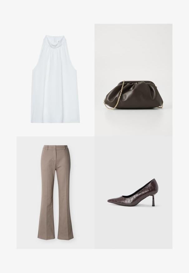 Haut sans manches blanc avec un col montant, en tissu doux, présentant des détails froncés au niveau du col et une fermeture éclair dissimulée à l'arrière.; Pantalon beige taille haute à jambes larges, avec détails de couture à l'avant, passants de ceinture et fermeture frontale cachée, présenté sur un fond blanc.; Escarpins à bout pointu en similicuir marron avec une texture crocodile, dotés d’un talon fin et angulaire ainsi que d’une doublure intérieure lisse.; Sac à main en cuir marron avec un design froncé, une bandoulière en chaîne dorée et une finition douce et texturée. Sa forme compacte est idéale pour une utilisation en soirée.