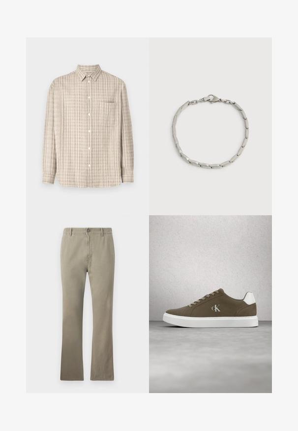 Chemise à boutons en beige clair, avec un motif à carreaux, des manches longues, une poche poitrine et un col classique.; Pantalons en coton beige à coupe droite, avec fermeture bouton, passants de ceinture et surface légèrement texturée, adaptés pour un usage décontracté.; Baskets brunes Calvin Klein avec semelle blanche et lacets blancs, présentées devant un mur en blocs de verre et un sol en béton.; Bracelet en métal ton argent avec des segments rectangulaires reliés et une fermeture à mousqueton sur un fond blanc uni.