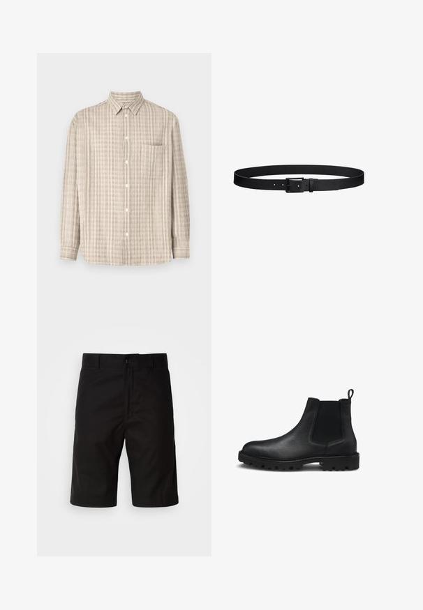Chemise à boutons en beige clair, avec un motif à carreaux, des manches longues, une poche poitrine et un col classique.; Shorts noirs en tissu uni, avec une coupe droite, fermeture à bouton et une texture lisse sans motifs visibles.; Bottine Chelsea en cuir noir avec panneaux élastiques sur les côtés, une surface texturée et une semelle robuste avec des crampons marqués. Design léger.; Ceinture en cuir noir avec motif texturé, boucle en métal noir et plusieurs trous d'ajustement, posée à plat sur un fond blanc.
