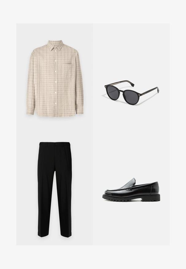 Button-up skjorte i lys beige, med et ternet mønster, lange ærmer, en brystlomme og et almindeligt kravedesign.; Sorte bukser lavet af glat stof, med lige snit, to forlommer og lynlås med knaplukning.; Sort læderloafer med chunky gummisål, syet overdel og præget mærkenavn på hælen, vist i sideprofil på hvid baggrund.; BOSS Solbriller - black