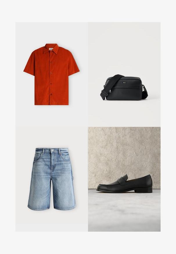 Chemise à manches courtes boutonnée en velours côtelé orange brûlé avec un col classique et quatre boutons visibles sur le devant.; Short en denim bleu clair avec poches devant, passants pour ceinture, fermeture par boutons et détail d'une boucle latérale sur fond neutre.; Mocassin en cuir noir flottant au-dessus d'un tapis beige avec une table ronde brune brillante en arrière-plan.; Sac bandoulière en cuir noir texturé avec poche avant zippée et bandoulière large en tissu réglable sur fond blanc.