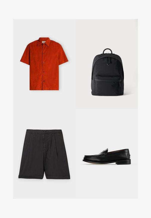 Chemise à manches courtes boutonnée en velours côtelé orange brûlé avec un col classique et quatre boutons visibles sur le devant.; Shorts en coton noir à coupe droite, avec plis avant, ceinture et ourlet retroussé. La texture est lisse et le tissu semble léger.; Mocassin homme en cuir noir avec un petit talon et une couture de style mocassin sur l'avant, vu de côté sur un fond uni.; Sac à dos noir avec une poche avant zippée, un compartiment principal à double fermeture éclair et un petit logo en métal sous les poignées de la fermeture principale.