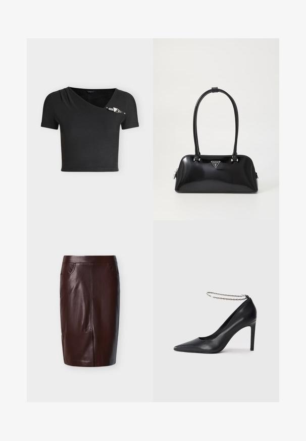 Μαύρο cropped top με κοντά μανίκια, ασύμμετρο ντεκολτέ και μικρή διακοσμητική αγκράφα στον δεξί ώμο.; Καφέ δερμάτινη φούστα μολύβι με λείο υλικό, διαθέτει δύο πλαϊνές τσέπες και λεπτομέρειες στη ραφή μπροστά, σχεδιασμένη για εφαρμογή κομψή.; Μαύρο δερμάτινο ψηλοτάκουνο παπούτσι με μυτερή μύτη, που διαθέτει λεπτό αλυσίδα αστραγάλου σε ασημί χρώμα και κομψή, λεία υφή.; Μαύρη γυαλιστερή τσάντα χειρός με καμπύλη σιλουέτα, δύο χερούλια και πλακέτα λογοτύπου μπροστά. Κλείσιμο με φερμουάρ και λαμπερά αξεσουάρ.