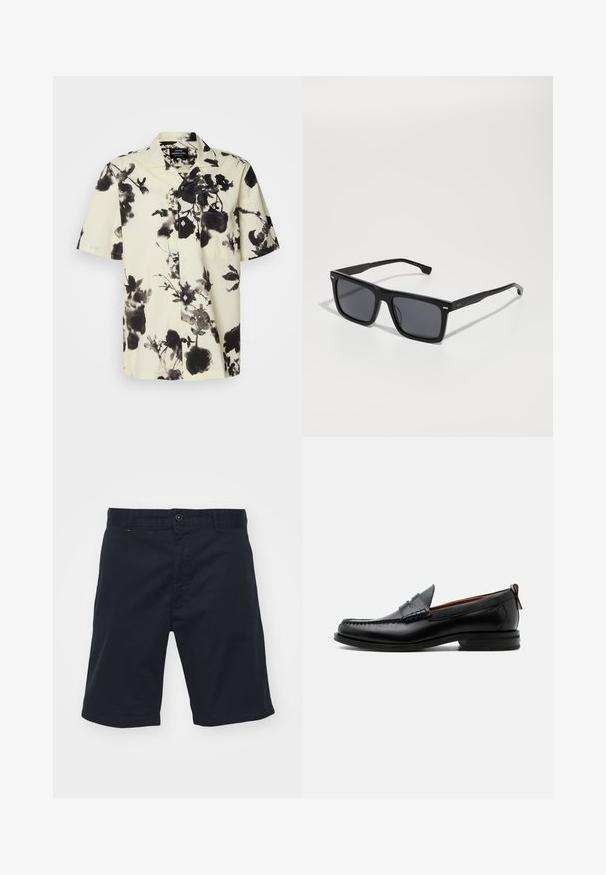 Camisa de manga corta con base crema y patrones florales negros. Hecha de un tejido ligero, tiene un cierre de botones en la parte delantera y un bolsillo en el pecho.; Pantalones cortos de algodón azul marino con cierre de botón, corte recto y bolsillos frontales. Presentan una textura suave y un diseño sencillo.; Mocasín de hombre de piel negra con costura moc toe, tira penny, cuello texturizado y tacón bajo apilado sobre fondo blanco.; Gafas de sol cuadradas negras con lentes oscuros. Fabricadas en plástico, con laterales texturizados y un diseño minimalista. Detalles cerca de las bisagras.