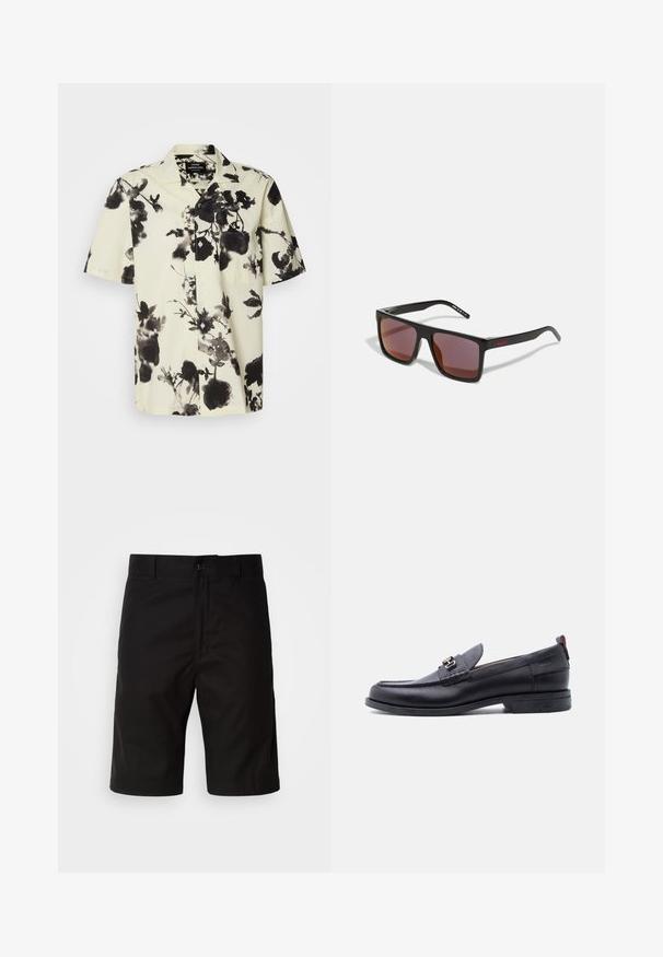 Camisa de manga corta con base crema y patrones florales negros. Hecha de un tejido ligero, tiene un cierre de botones en la parte delantera y un bolsillo en el pecho.; Pantalones cortos negros de tela sólida, con corte recto, cierre de botón y una textura suave sin patrones visibles.; Mocasín de cuero negro con empeine gris texturizado, detalle de hebilla metálica plateada, tacón bajo y lengüeta para tirar en la parte trasera.; Gafas de sol rectangulares negras con lentes de color rojo oscuro, con un acabado mate y un logo rojo en la patilla. Montura de plástico resistente.