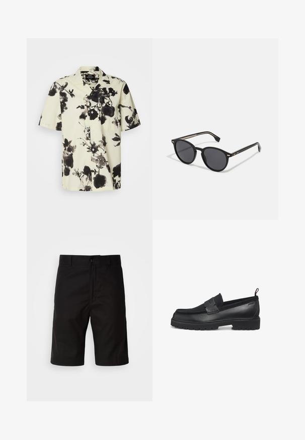 Camisa de manga corta con base crema y patrones florales negros. Hecha de un tejido ligero, tiene un cierre de botones en la parte delantera y un bolsillo en el pecho.; Pantalones cortos negros de tela sólida, con corte recto, cierre de botón y una textura suave sin patrones visibles.; Mocasines negros con cuerpo de cuero liso, suela de goma y detalles texturizados en la parte superior. Presentan un ribete cosido y diseño sin cordones.; BOSS Gafas de sol - black