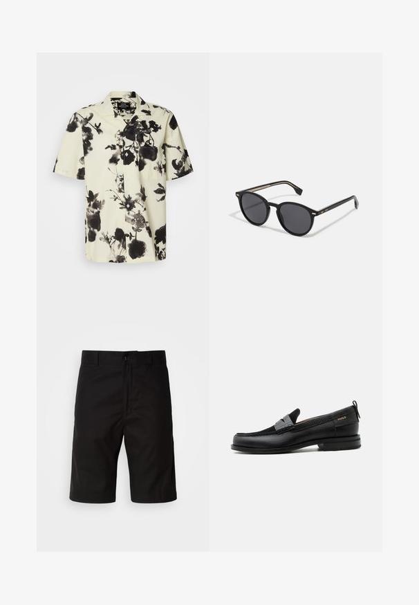 Chemise à manches courtes avec une base crème ornée de motifs floraux noirs. Fabriquée en tissu léger, elle possède un bouton devant et une poche poitrine.; Shorts noirs en tissu uni, avec une coupe droite, fermeture à bouton et une texture lisse sans motifs visibles.; Mocassin en cuir noir avec détail de bride grise, talon bas et semelle texturée, marqué "HUGO" en or sur le côté.; BOSS Lunettes de soleil - black