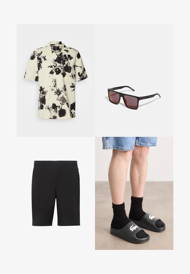 Chemise à manches courtes avec une base crème ornée de motifs floraux noirs. Fabriquée en tissu léger, elle possède un bouton devant et une poche poitrine.; Shorts noirs en tissu léger, dotés d'un devant plat, d'une ceinture standard et de poches latérales. Texture lisse sans motifs apparents.; Des sandales noires à talon ouvert, arborant un logo crocodile blanc, portées avec des chaussettes de la même couleur et un short en jean. Matériau en caoutchouc lisse.; Lunettes de soleil rectangulaires noires avec des verres rouge foncé, présentant une finition mate et un logo rouge sur la branche. Monture en plastique robuste.