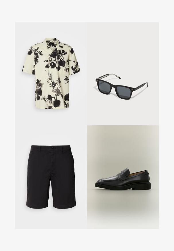 Camisa de manga corta con base crema y patrones florales negros. Hecha de un tejido ligero, tiene un cierre de botones en la parte delantera y un bolsillo en el pecho.; Pantalones cortos negros de tela ligera, con cierre de botón, cintura estándar y corte recto. Sin patrones ni acentos visibles.; Mocasín de hombre de cuero negro con tacón bajo y detalle de correa en la parte superior, mostrado de perfil sobre un fondo neutro.; Gafas de sol cuadradas negras con lentes oscuros, montura de plástico, acentos metálicos y logo distintivo en la patilla. Diseño elegante con un aspecto moderno.
