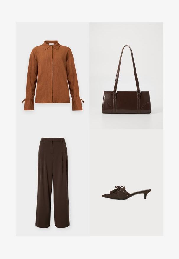 Blouse marron à manches longues texturée, avec col pointu, boutons cachés à l’avant et poignets noués sur fond uni.; Pantalon large marron foncé avec plis à l'avant, passants de ceinture et fermeture éclair avant cachée.; Mule en daim marron avec bout pointu, petit talon kitten, lacets noués en nœud et détails à pompons sur fond blanc.; Sac à main en cuir verni marron de forme rectangulaire, avec deux longues poignées et des accents courbés subtils à l'avant.