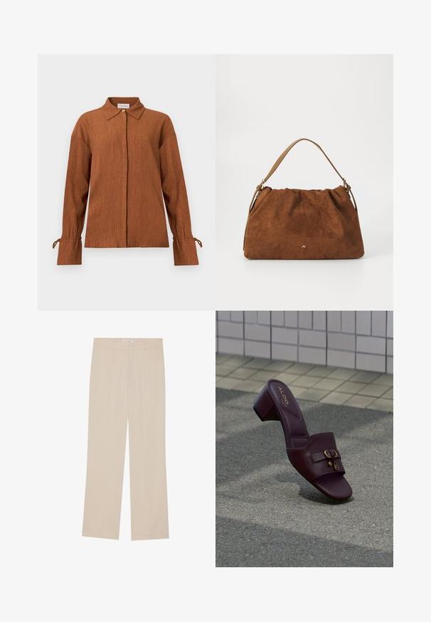 Blouse marron à manches longues texturée, avec col pointu, boutons cachés à l’avant et poignets noués sur fond uni.; Pantalons larges beige avec une texture lisse, présentant une coupe ajustée, deux poches avant et un léger pli le long des jambes.; Mule à talon en cuir rouge foncé à bout ouvert avec détail de boucle dorée, reposant sur un trottoir gris près d’un mur carrelé.; Sac à main en daim marron avec un design plissé, arborant une seule sangle en cuir beige et un discret logo doré à l'avant.