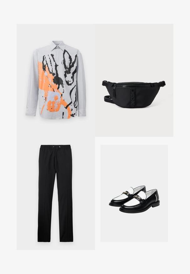 Gestreepte overhemd met een abstract oranje en zwarte design met dieromtrekken en hedendaagse penseelstreekaccenten.; Iceberg PANTALONI - Broek - nero; Een paar zwart-witte leren loafers met gouden kettingdetail bovenop, tegen een effen lichte achtergrond.; Zwarte Moschino heuptas met rits aan de voorkant en verstelbare band op een egale lichte achtergrond.